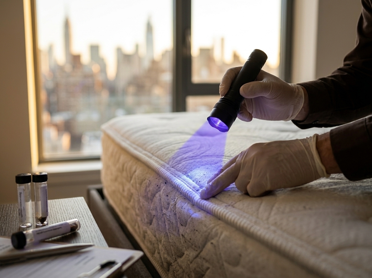 Professional bed bug inspection with UV flashlight in NYC apartment