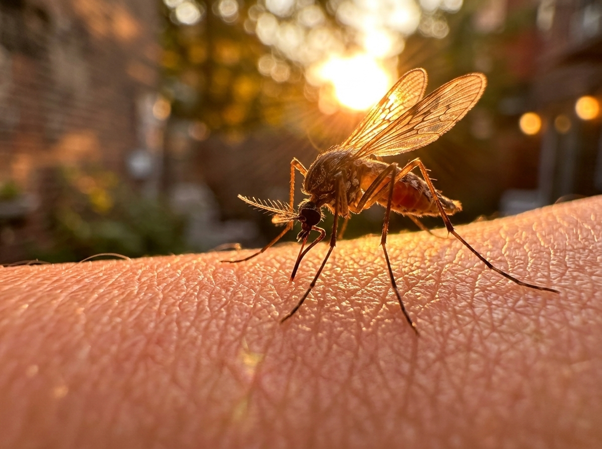 Mosquito biting skin in urban backyard at sunset