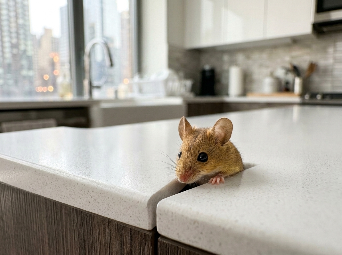 Mouse peeking from behind kitchen counter in NYC apartment