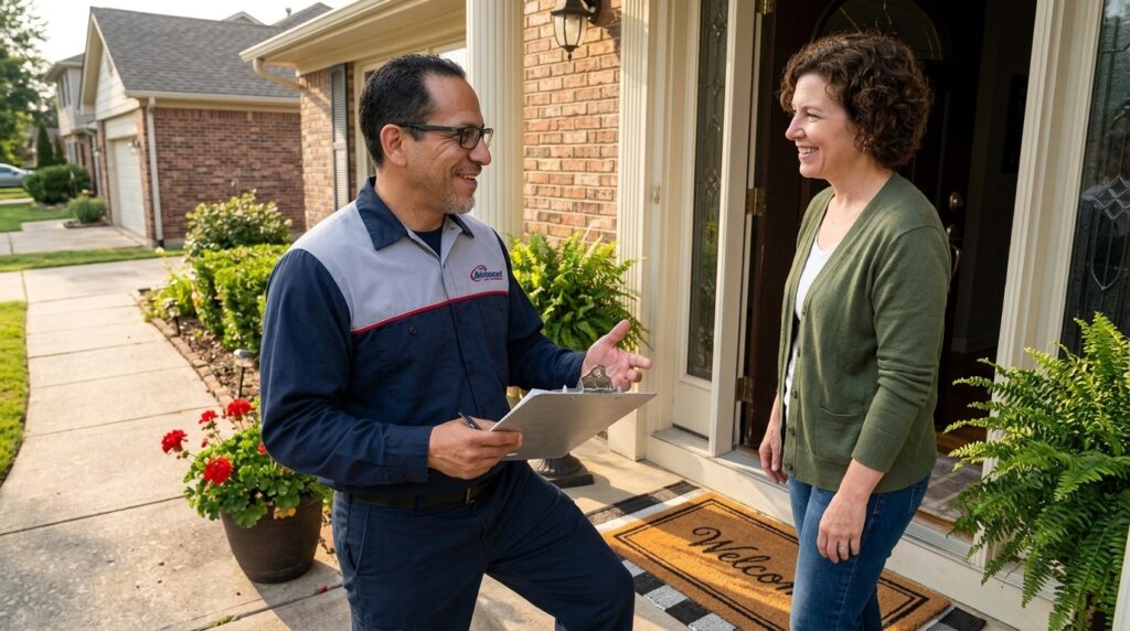 Advanced Pest Management technician Alan Fernandez discussing pest control plan with homeowner at front door