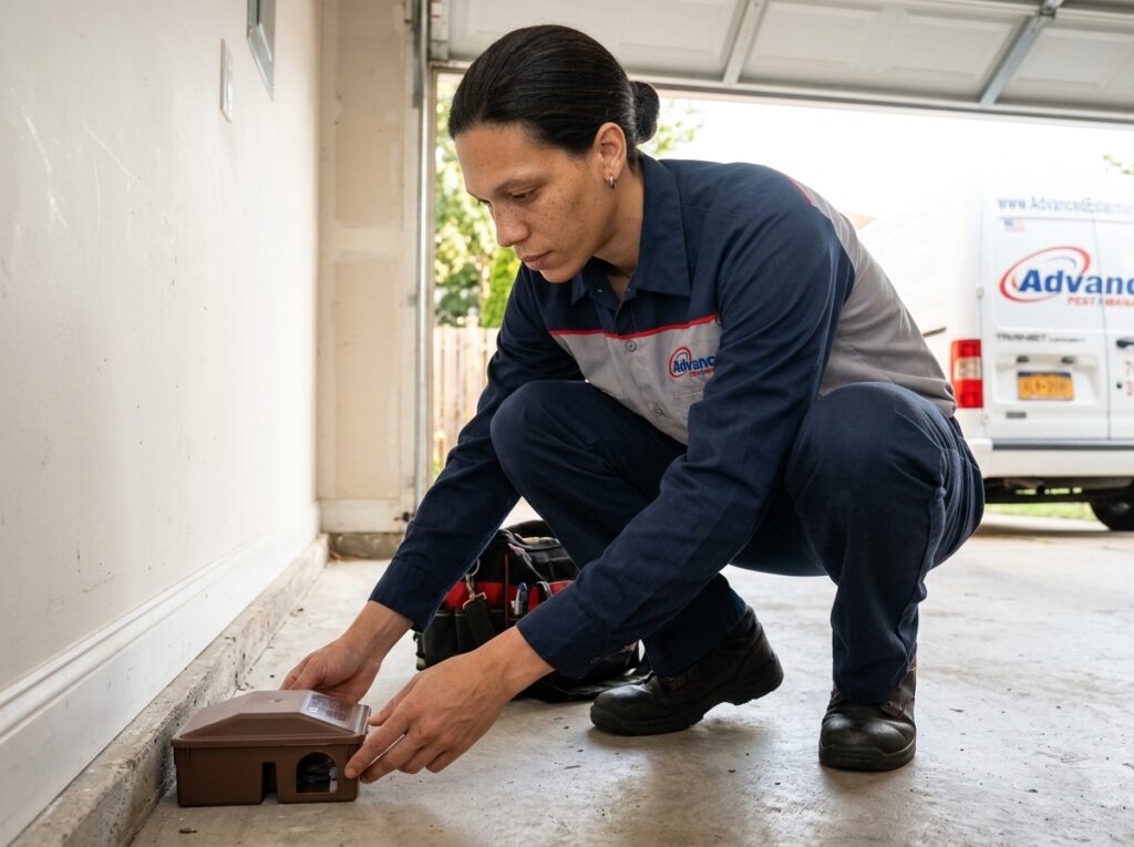 Advanced Pest Management technician placing a bait station along a garage baseboard for rodent control