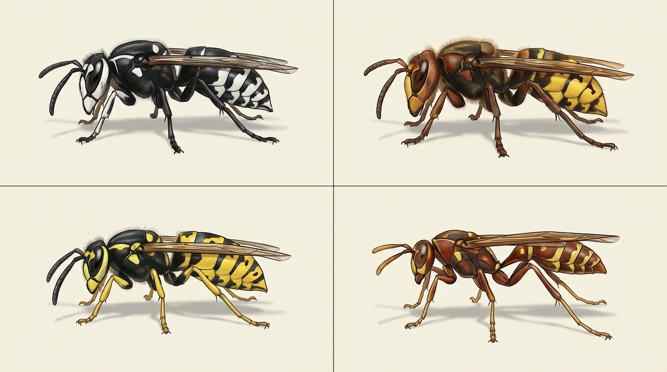 Side-by-side scientific illustration comparing the four most common stinging insects in NYC and Long Island: bald-faced hornet, European hornet, Eastern yellowjacket, and Northern paper wasp