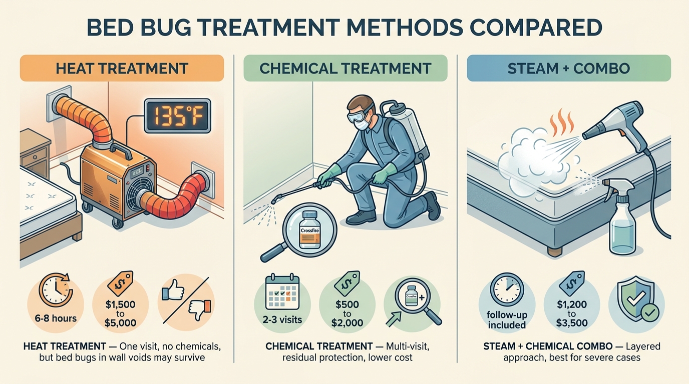 Bed bug treatment methods compared: heat treatment, chemical treatment, and steam-and-chemical combo with cost ranges and pros/cons for each NYC apartment scenario