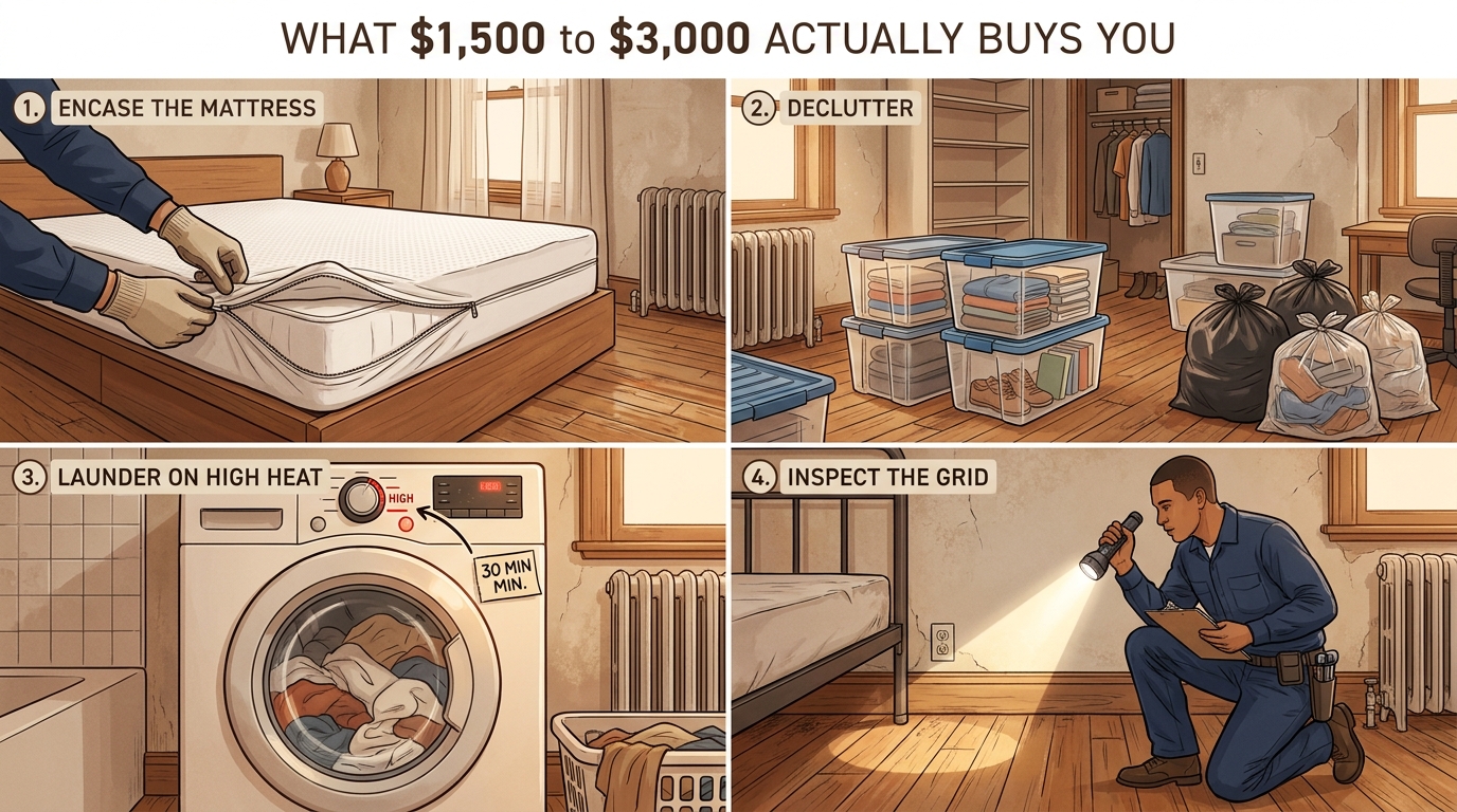 What $1,500 to $3,000 actually buys you: 4-panel grid showing bed bug treatment prep work — encase the mattress, declutter, launder on high heat, and inspect baseboards and outlets