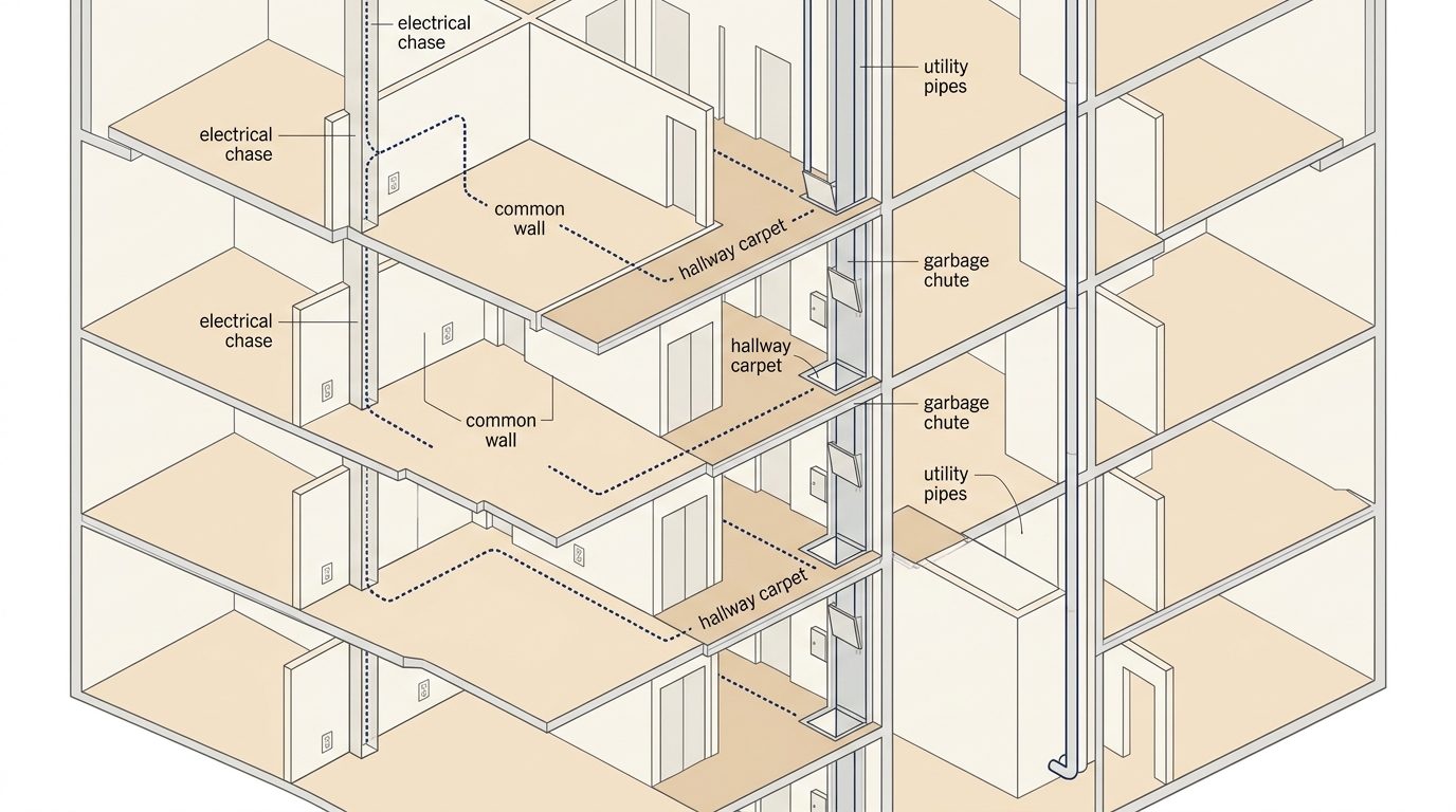 Cutaway diagram showing how bed bugs spread vertically between Manhattan high-rise apartment units through electrical chases, common walls, hallway carpet, and utility pipes