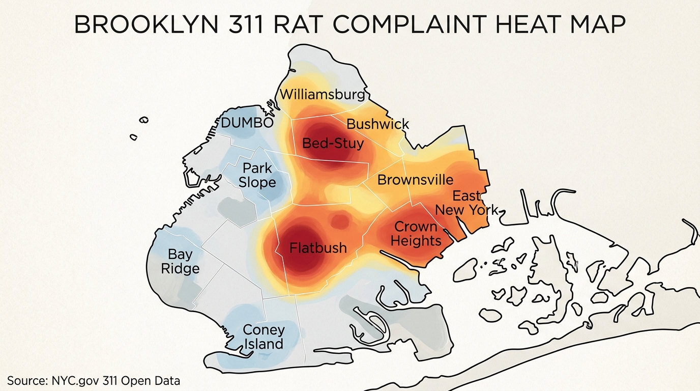 Brooklyn 311 rat-complaint heat map showing Bed-Stuy, Flatbush, Crown Heights, and East New York as the deep-red highest-complaint zones, with Bushwick, Brownsville, and Williamsburg in orange and Park Slope, DUMBO, Bay Ridge, and Coney Island as cooler areas
