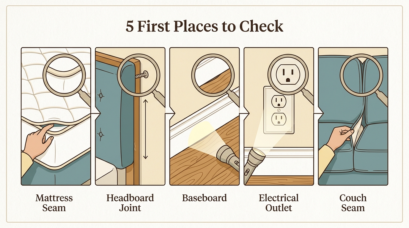 Five-panel inspection diagram showing the first places to check for bed bugs in a Brooklyn apartment: mattress seam, headboard joint, baseboard, electrical outlet, and couch seam