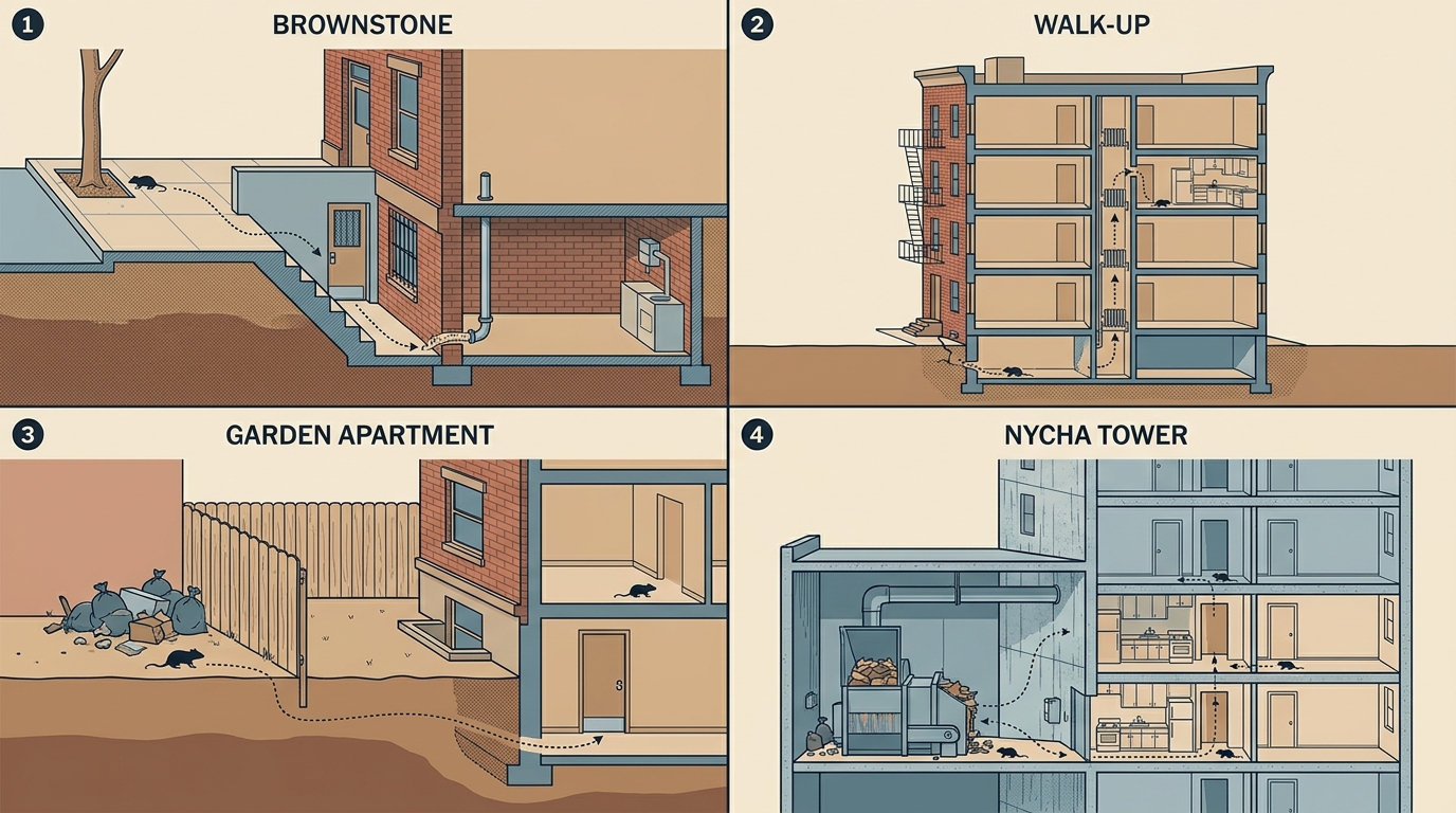 Four-panel diagram of Brooklyn apartment rat entry patterns: brownstone areaway, walk-up basement to upper floor, garden apartment back yard, and NYCHA tower trash compactor room