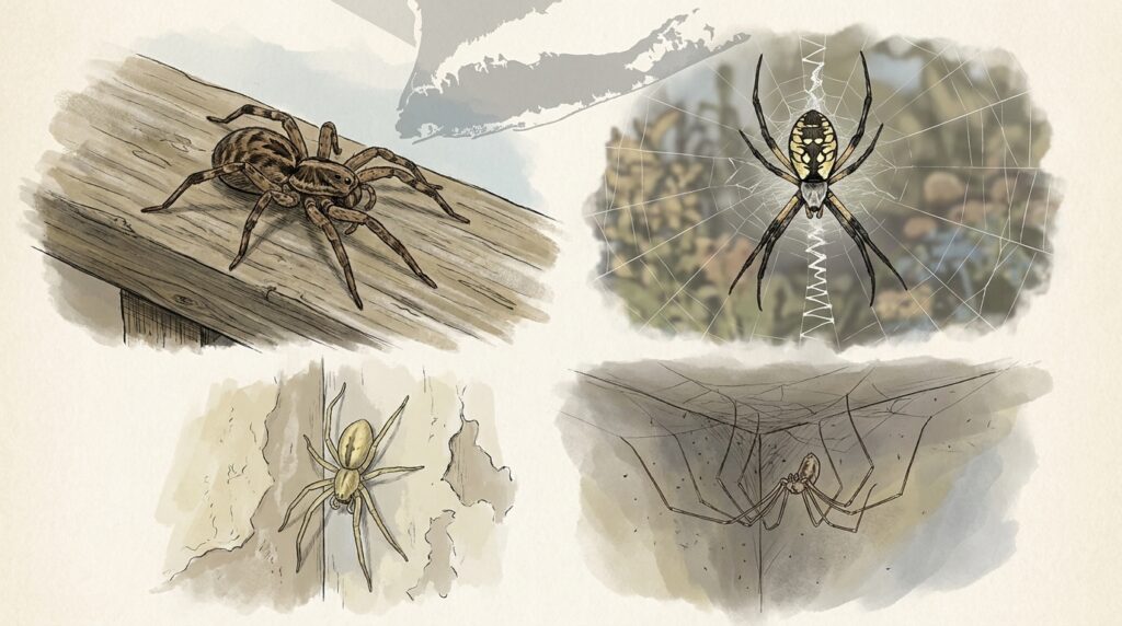 Composite illustration of four common spiders on Long Island: wolf spider, black and yellow garden orb weaver, yellow sac spider, and cellar daddy long-legs spider with Long Island shoreline silhouette in background