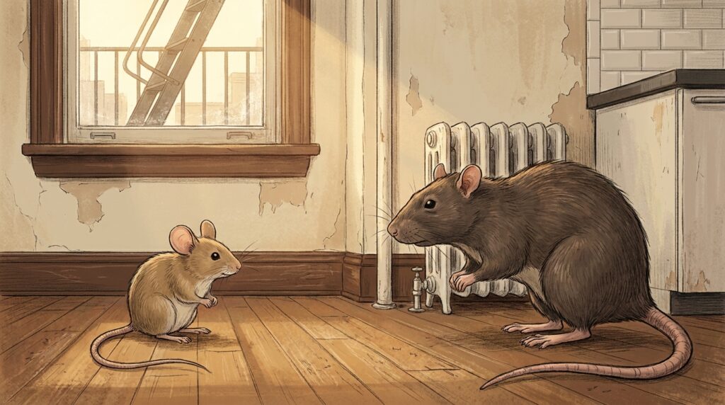 Rat vs mouse comparison inside a pre-war NYC apartment kitchen showing the size and feature differences between a house mouse and a Norway rat