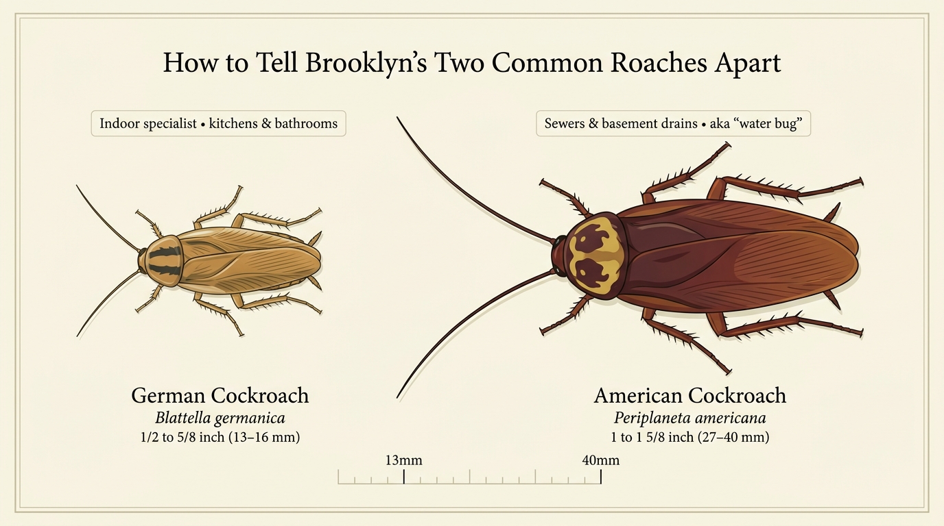 Side-by-side scientific illustration of a German cockroach and an American cockroach showing size scale of 13mm versus 40mm