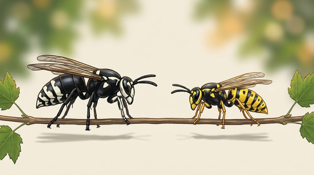 Side-by-side editorial illustration comparing a bald-faced hornet (left, black with white markings, larger) and an Eastern yellowjacket (right, classic yellow and black stripes, smaller) facing each other on a maple twig