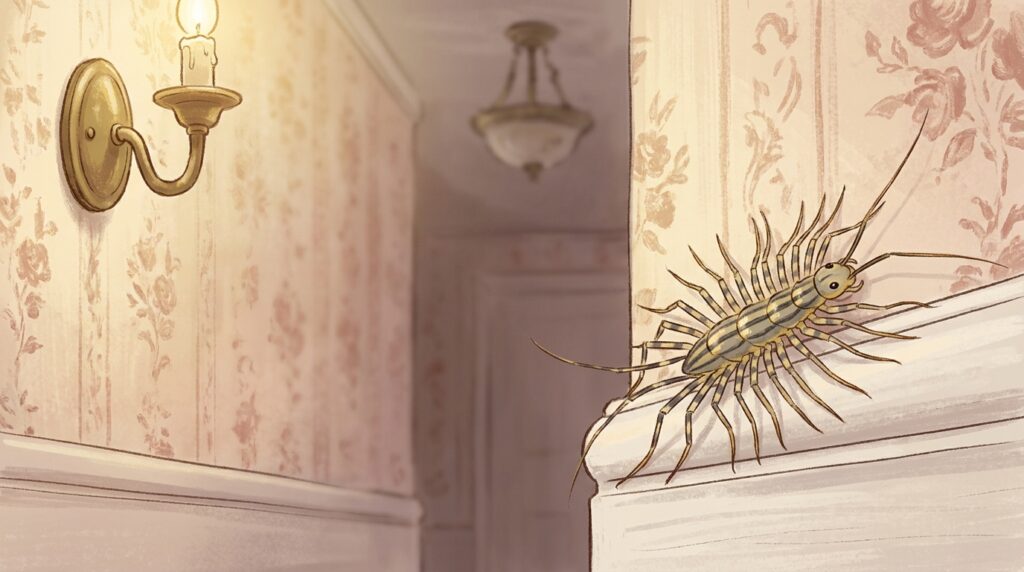 House centipede on a NYC pre-war apartment baseboard at night, illustrated