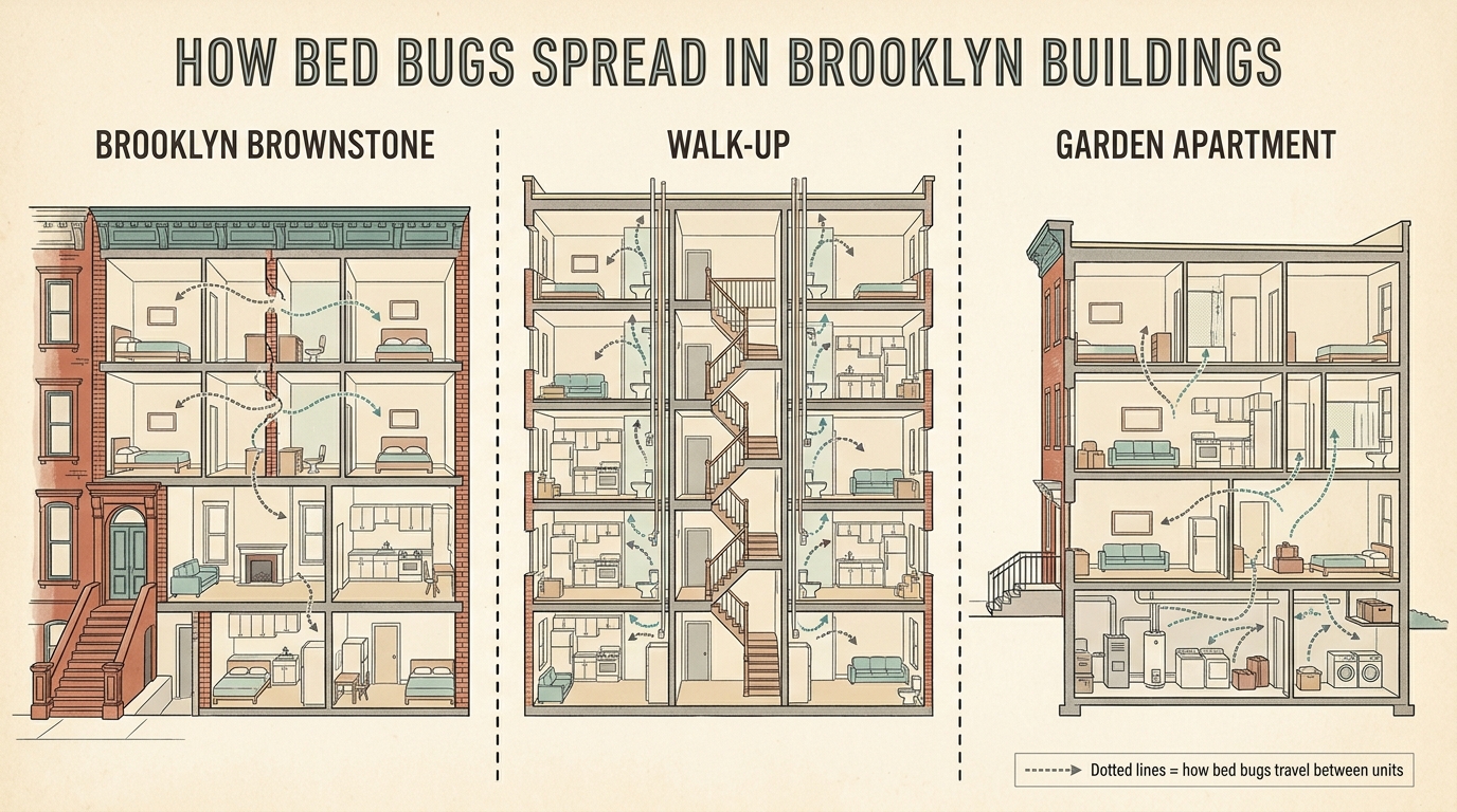 Architectural cross-section showing how bed bugs spread differently in a Brooklyn brownstone, walk-up, and garden apartment — through party walls, plumbing risers, and shared utility rooms