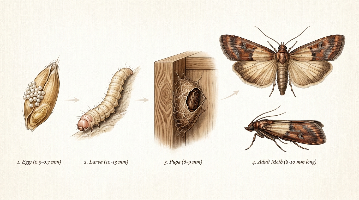 Indian meal moth lifecycle stages illustrated — egg cluster on a wheat grain, cream-colored larva, brown silken cocoon in a wood peg hole, and the adult moth with copper-tipped wings — with sizes=