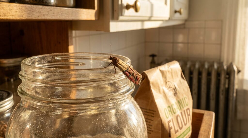 Indian meal moth resting on a glass flour jar inside an NYC pre-war apartment kitchen at golden hour, showing the diagnostic copper-bronze wing tips