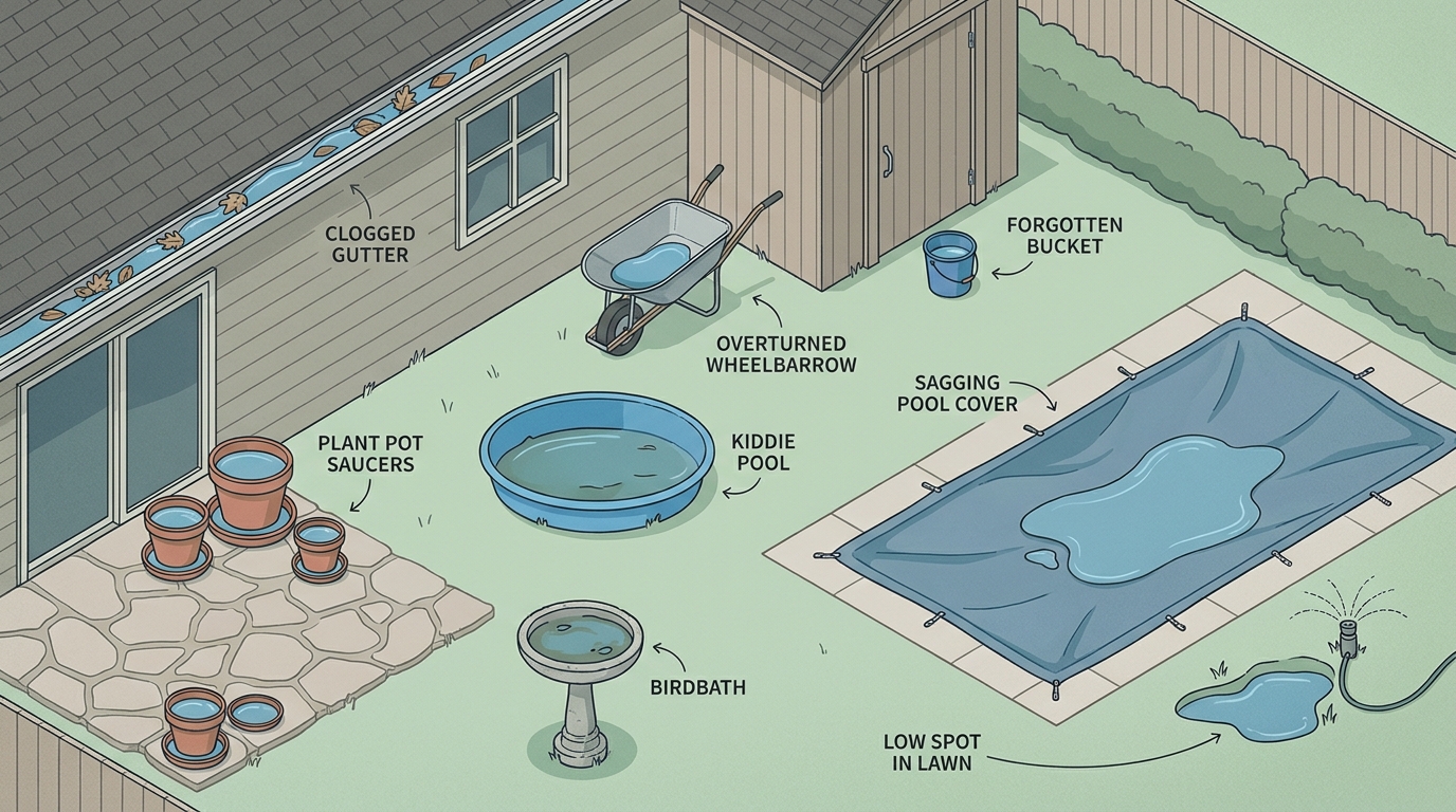 Illustrated diagram of mosquito breeding sources in a Long Island backyard - clogged gutter, kiddie pool, plant saucers, birdbath, sagging pool cover, low spot near sprinkler