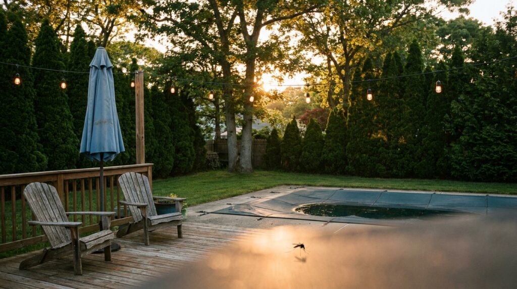 Long Island suburban backyard at dusk with pool cover and patio chairs during mosquito season