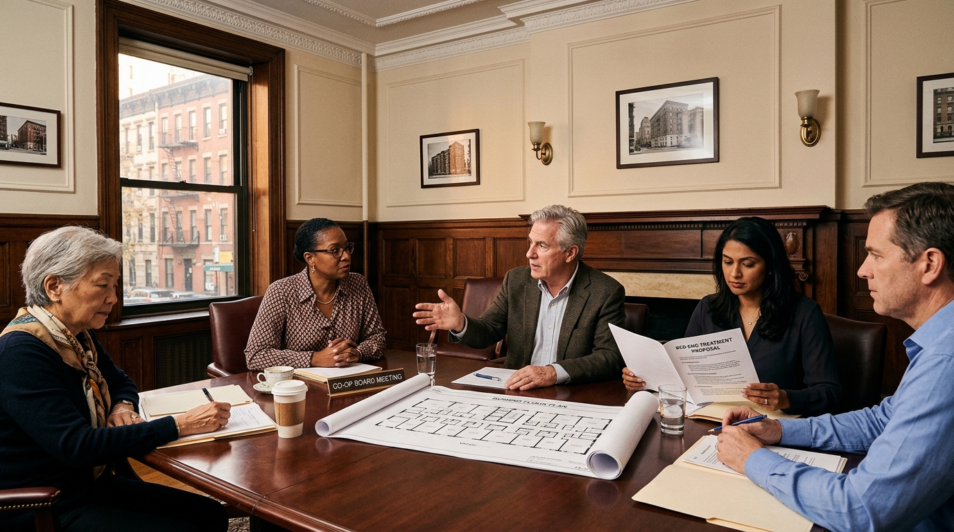 Manhattan co-op board members reviewing a building-wide bed bug treatment proposal in a pre-war wood-paneled meeting room