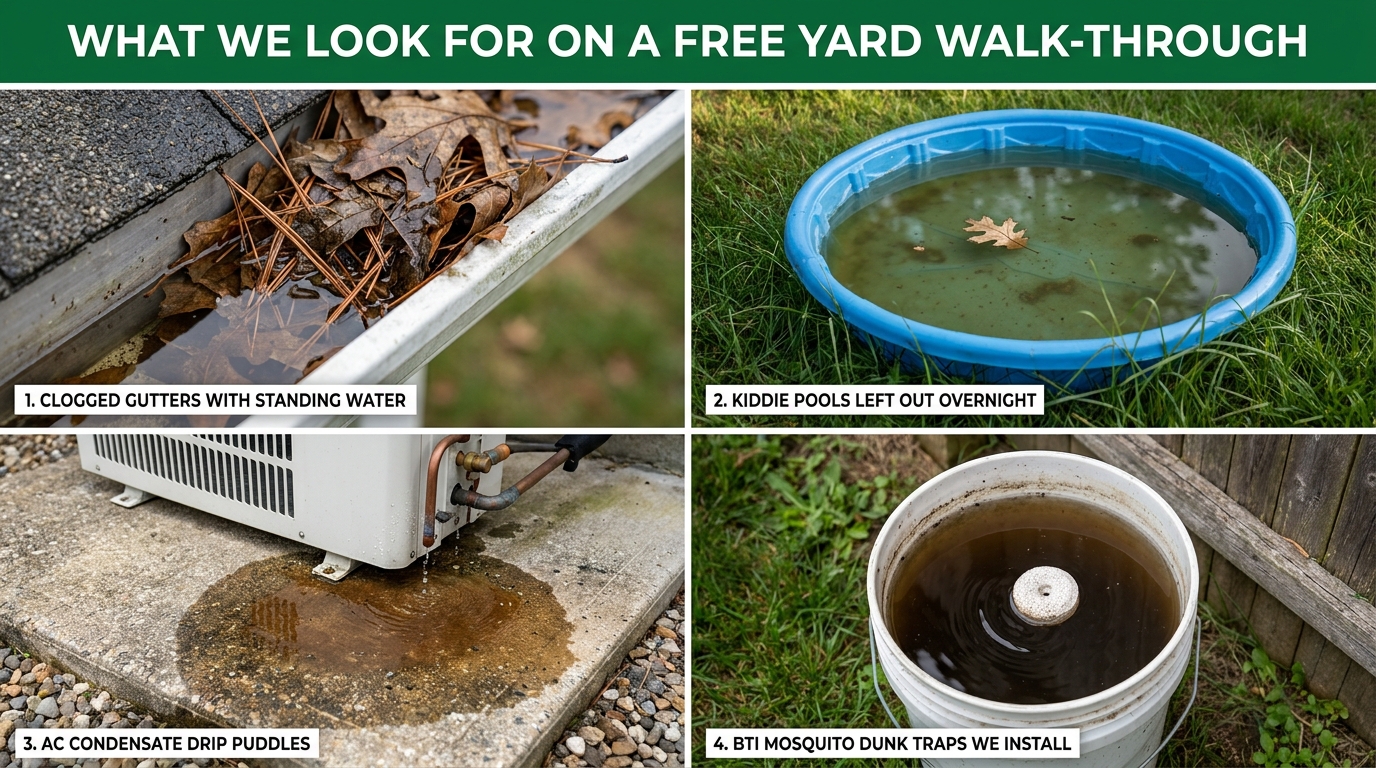 4-panel photo grid showing the standing-water breeding sources Advanced Pest Management technicians look for during a free NYC yard walk-through — clogged gutters with standing water, kiddie pools left out overnight, AC condensate drip puddles, and a Bti mosquito dunk trap in a 5-gallon bucket