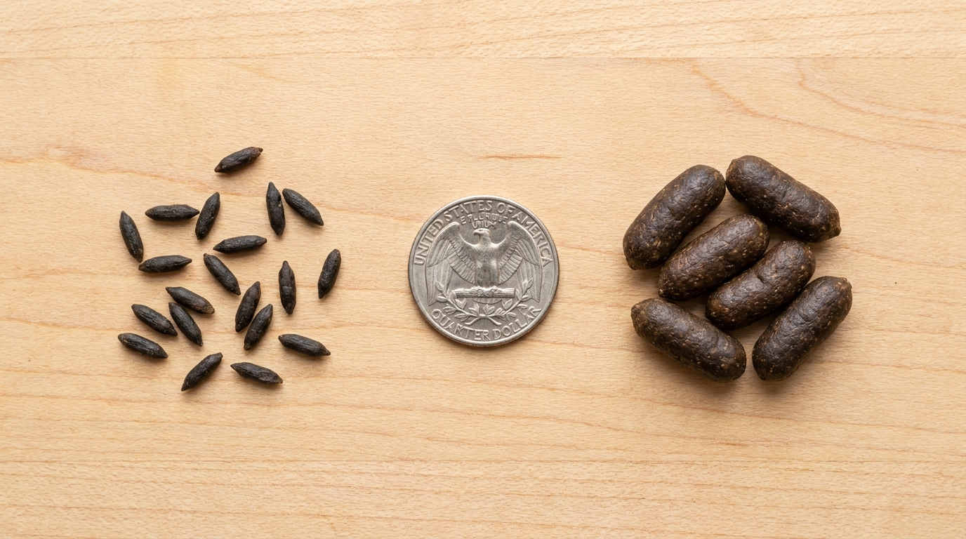 Side-by-side comparison of mouse droppings and rat droppings on a wood surface with a US quarter coin for scale