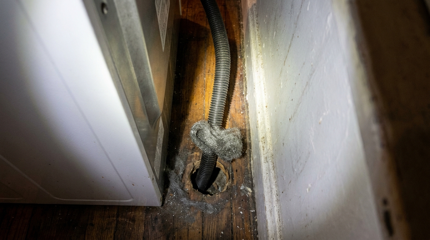 View behind a kitchen stove showing the gas pipe penetration through the floor sealed with steel wool to block mouse and rat entry