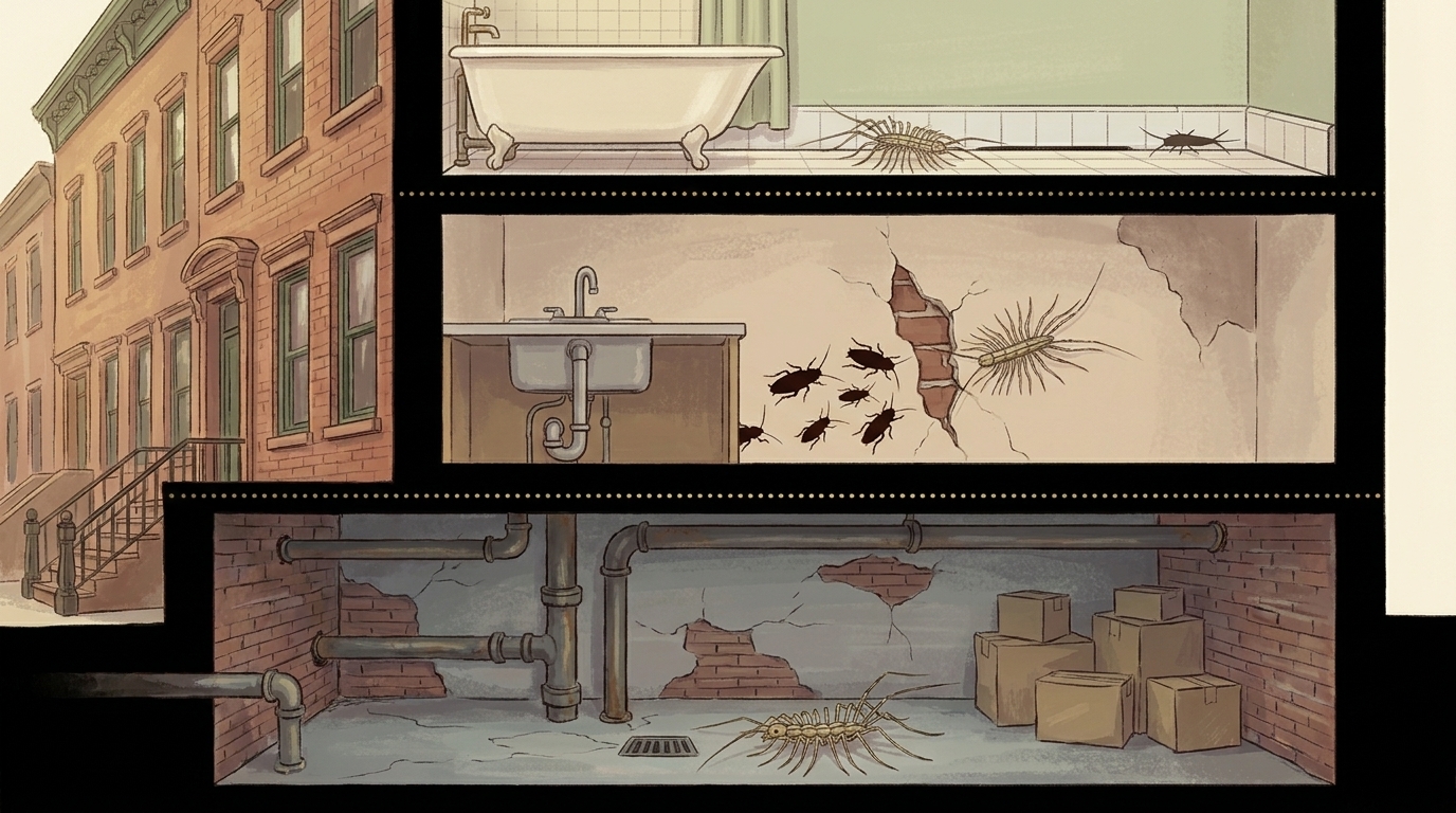 Cross-section illustration of a NYC pre-war apartment building showing house centipede habitat zones: damp basement with floor drain, kitchen wall void with cockroaches, bathroom with silverfish near baseboard