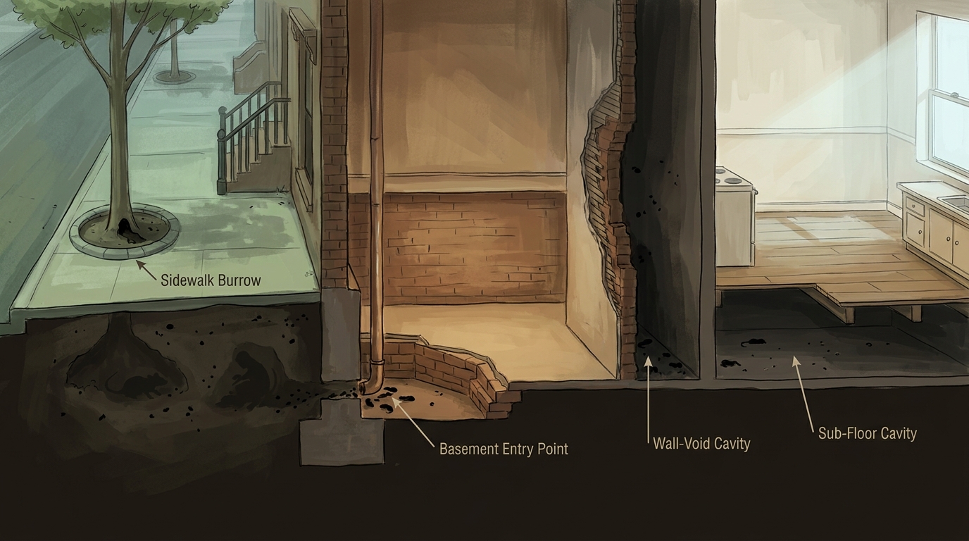 Cross-section illustration of a Brooklyn brownstone showing four common NYC rat hiding zones: sidewalk burrow, basement entry point, wall-void cavity, and sub-floor cavity