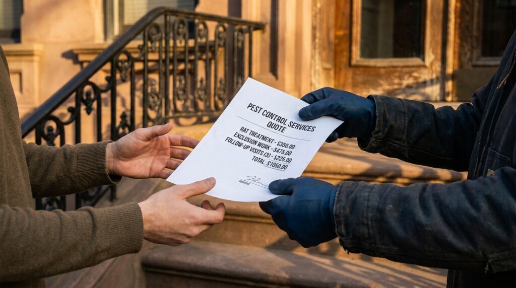 Gloved hands handing an itemized rat extermination quote document to a homeowner's hands on a Brooklyn brownstone front stoop, with line items for rat treatment, exclusion work, and follow-up visits visible