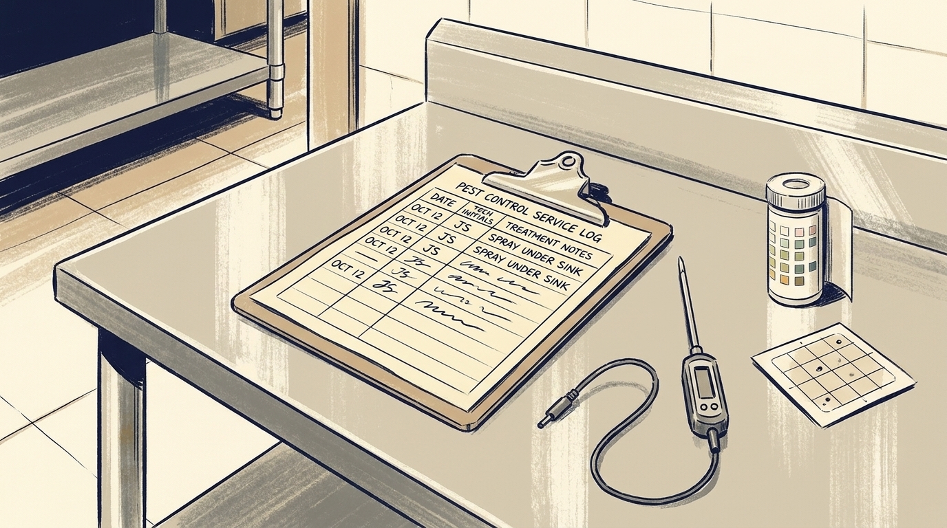 Pest control service log clipboard with treatment notes, probe thermometer, and sanitizer test strips — documentation required for NYC DOH restaurant inspections