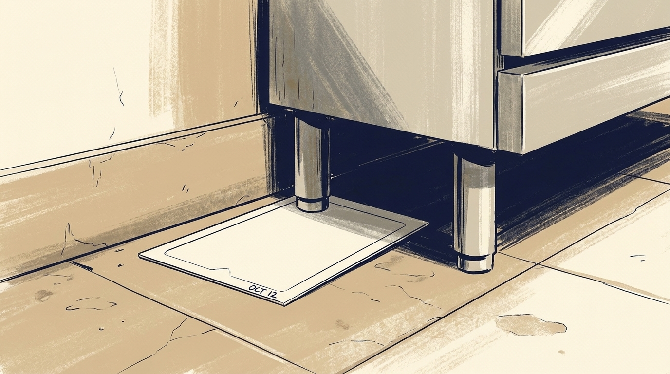 Sticky trap pest monitoring placed against baseboard behind commercial kitchen equipment for NYC restaurant DOH IPM compliance