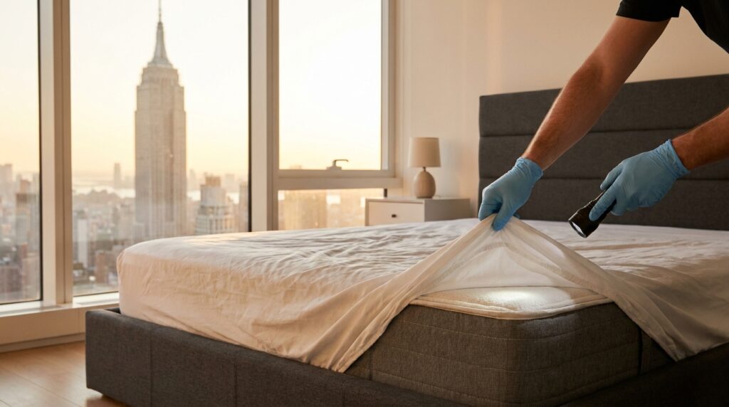 Gloved hands lifting a fitted sheet on a contemporary platform bed to inspect the mattress seam with a flashlight in a Manhattan high-rise bedroom with the Empire State Building visible through floor-to-ceiling windows in golden-hour light