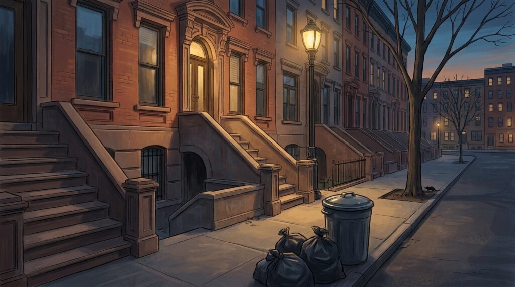 Brooklyn brownstone block at twilight with a Norway rat near a curb tree pit, illustrating signs of rats in a Brooklyn apartment