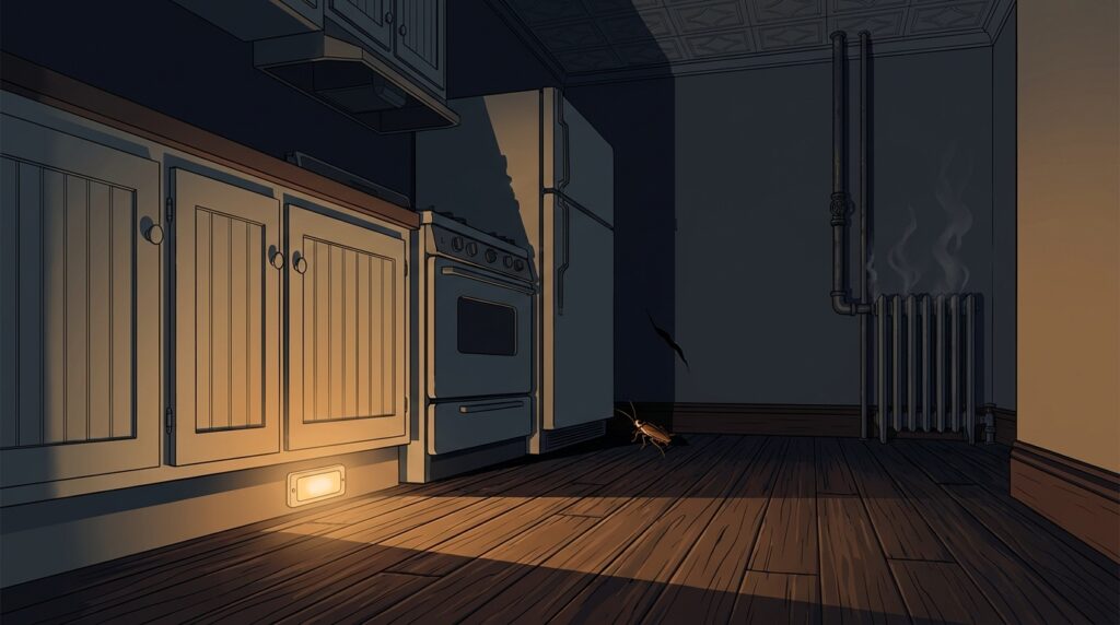 Brooklyn brownstone kitchen at night with a single small German cockroach silhouetted near the baseboard between the stove and refrigerator