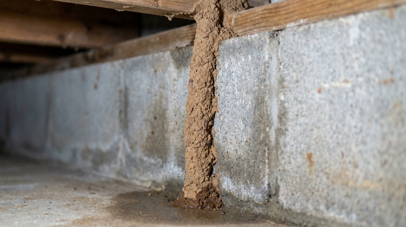 Subterranean termite mud tube running up the inside of a Long Island basement concrete block foundation wall to a wooden floor joist