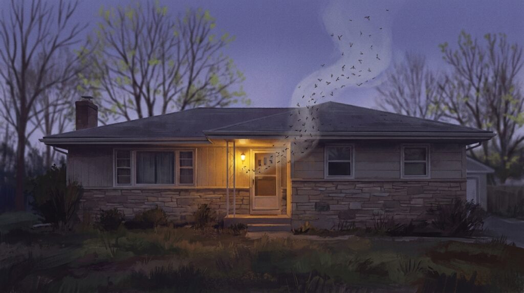 Long Island ranch home at dusk during spring termite swarm season with swarmers visible near porch light