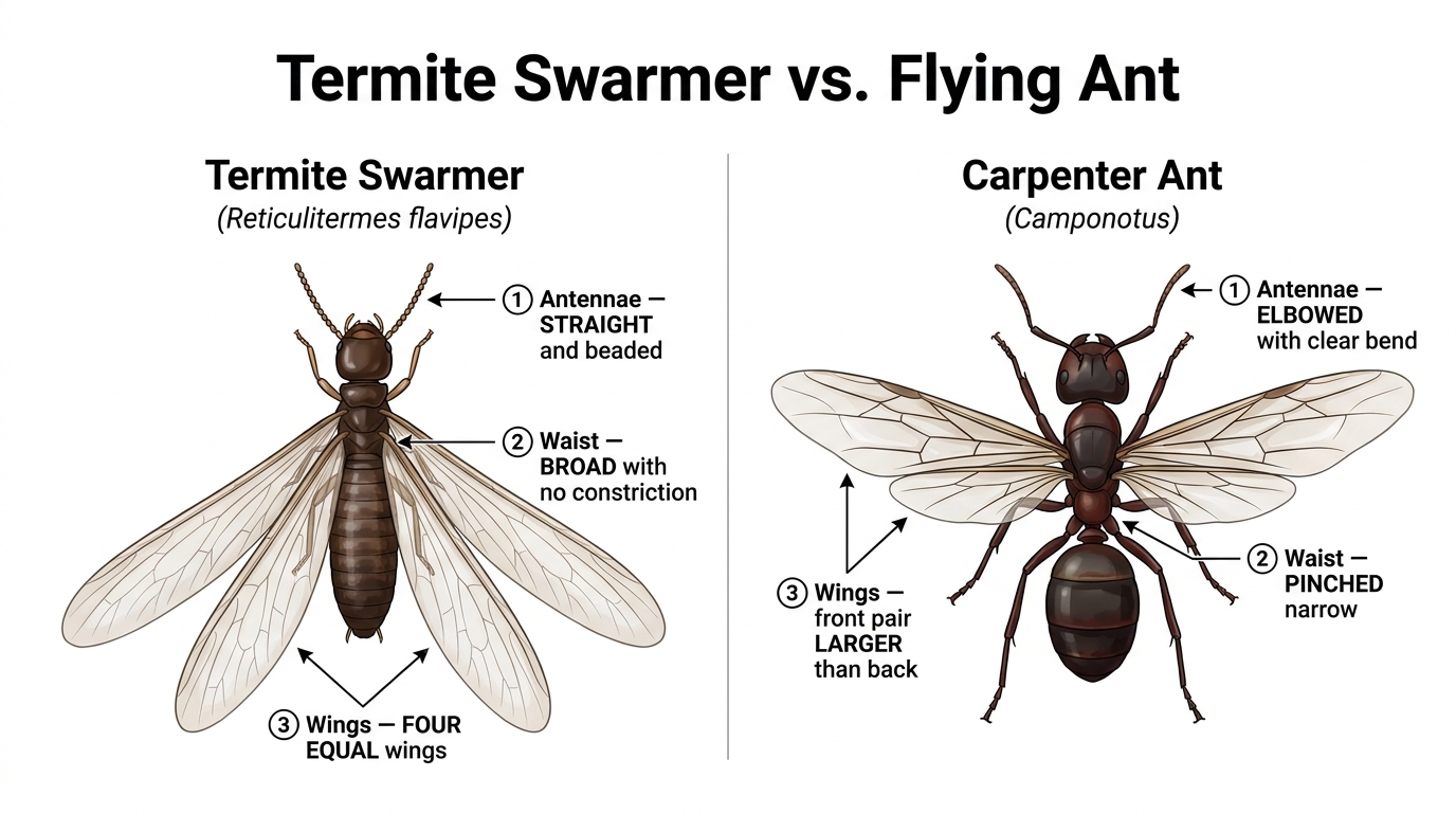 Side-by-side comparison illustration of a termite swarmer and a flying carpenter ant labeled with the three identification differences: antennae, waist, and wings