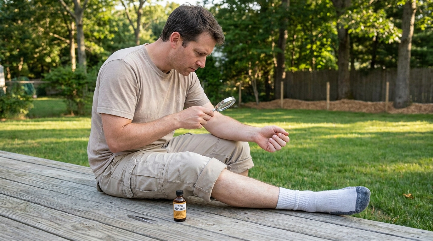 A homeowner in light-colored clothing performing a careful tick check on their forearm with a magnifying glass after yardwork in a Long Island backyard, with tweezers and tick repellent within reach