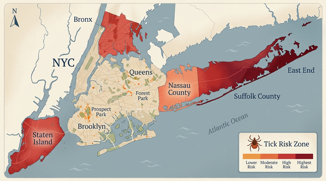 Tick risk hot zones map showing Staten Island, North Bronx, and Suffolk County's East End as the highest-risk areas for ticks in the NYC and Long Island region