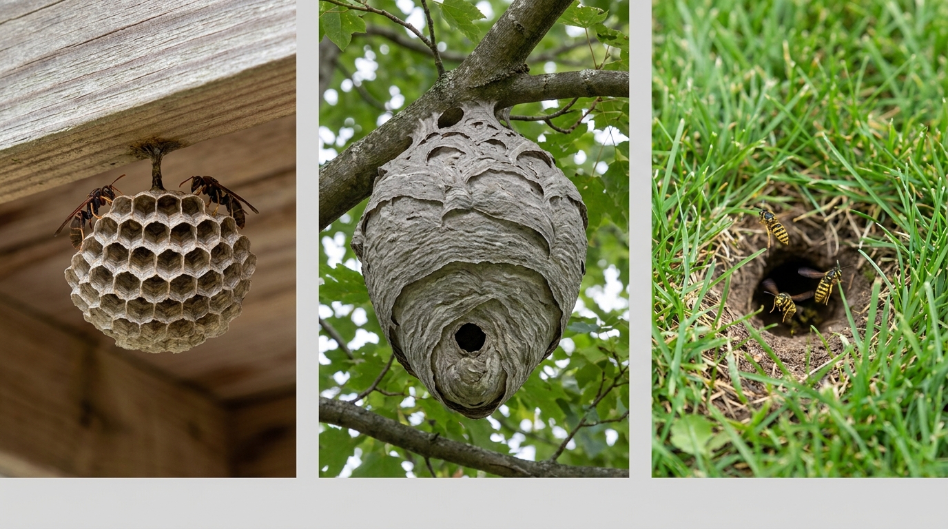 Three-panel comparison of wasp and hornet nest types: open paper wasp umbrella nest under a wood eave, large gray football bald-faced hornet nest in a tree, and a hidden ground yellowjacket nest entry hole in a lawn