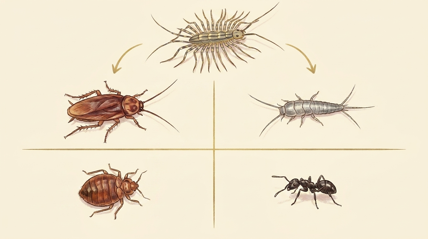 Educational illustration showing what house centipedes eat in NYC apartments: cockroach, silverfish, bed bug, and ant arranged in a four-panel grid with a centipede above pointing arrows down to each prey species