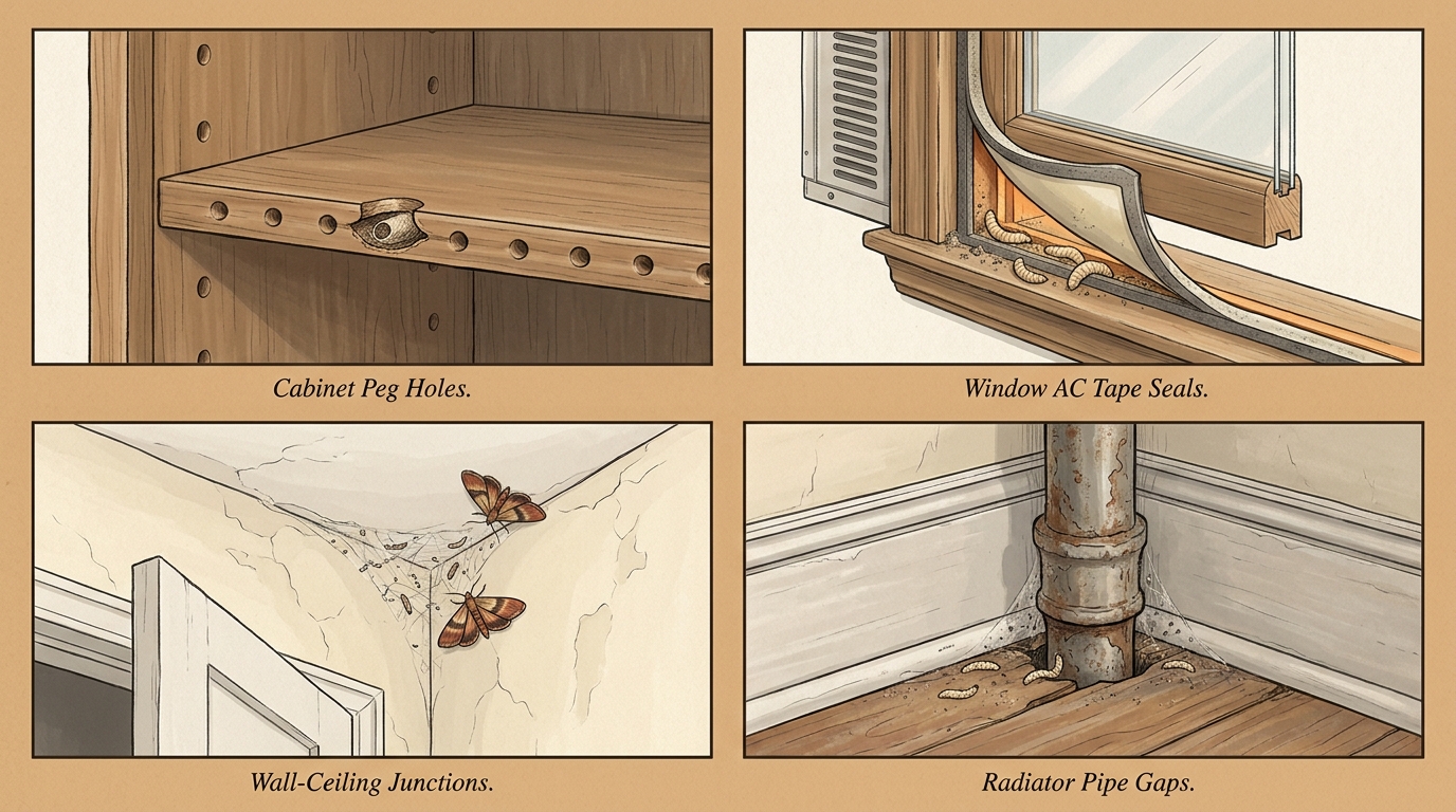 Four panel illustration of where pantry moth larvae and cocoons hide in an NYC apartment — cabinet peg holes, window AC tape seals, wall-ceiling junctions, and radiator pipe gaps