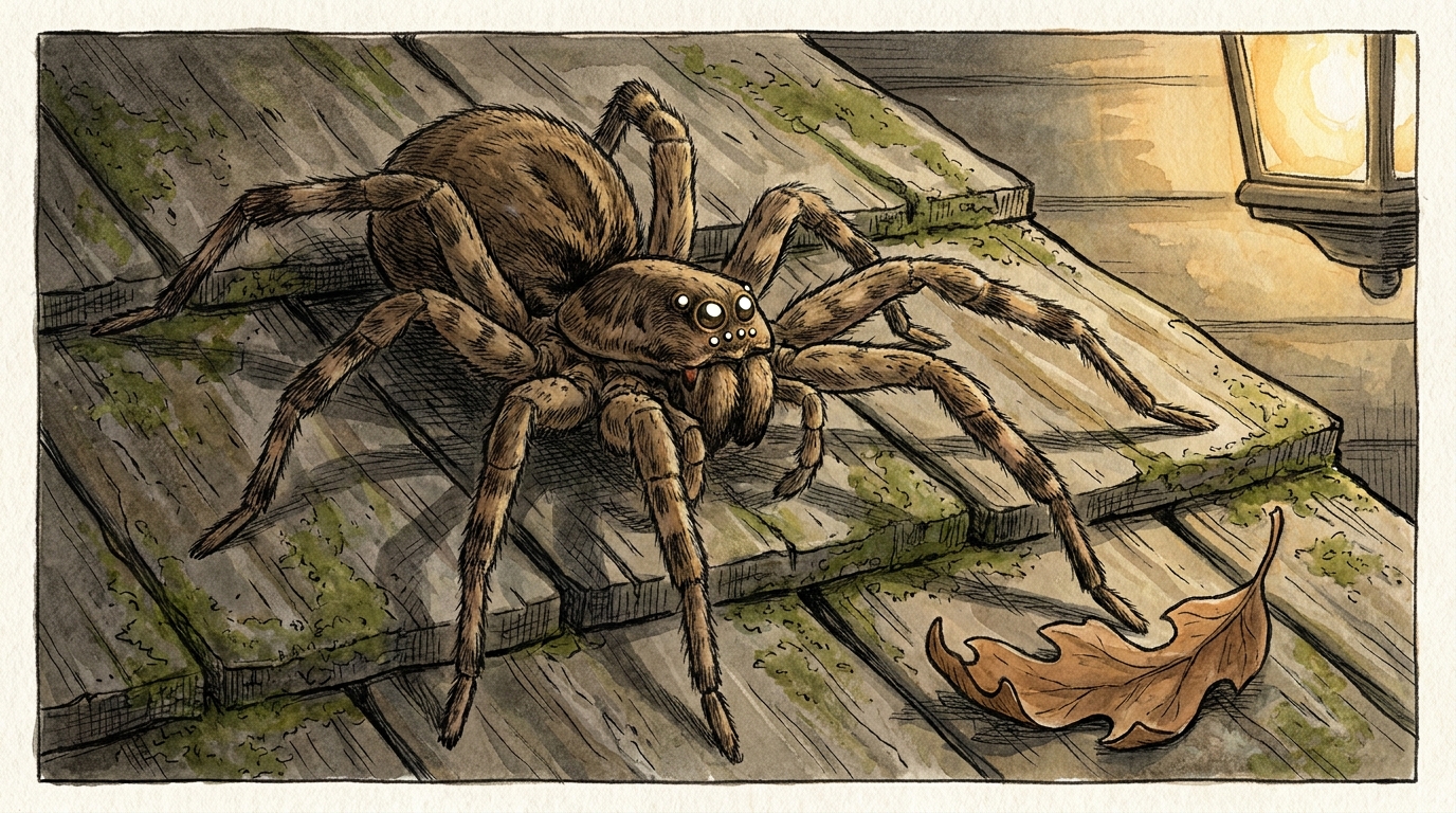 Brown wolf spider on cedar shingle porch of Long Island Cape Cod home at night, illuminated by porch light, showing furry body and prominent eyes