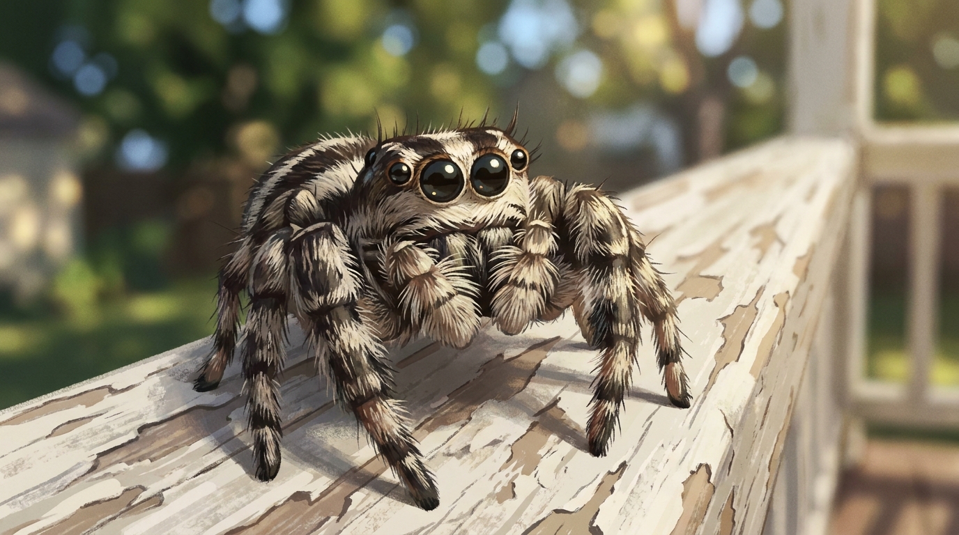 Close-up macro illustration of a zebra jumping spider with black and white striped abdomen and large forward-facing eyes on a weathered white porch railing of a Long Island suburban home