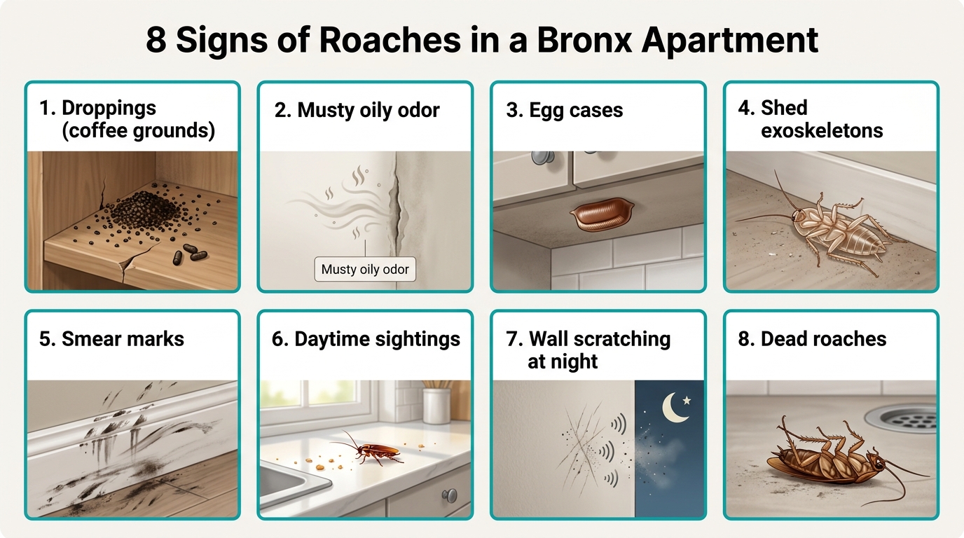 8-panel diagnostic infographic showing the 8 signs of a cockroach infestation in a Bronx apartment in 2026: droppings, musty oily odor, egg cases, shed exoskeletons, smear marks, daytime sightings, wall scratching at night, and dead roaches.