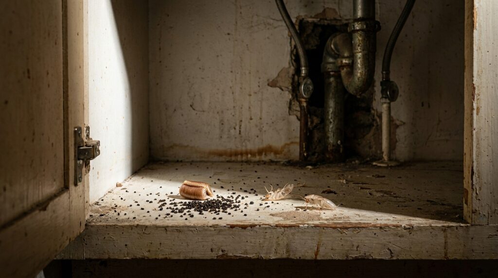 Close-up macro photograph from a low angle inside a Bronx pre-war apartment kitchen showing the under-sink cabinet with scattered cockroach droppings resembling coffee grounds, an empty light brown egg case, translucent shed exoskeletons, and faint brown smear marks on the plaster wall near the plumbing penetration where the drain pipe and supply lines enter the wall.