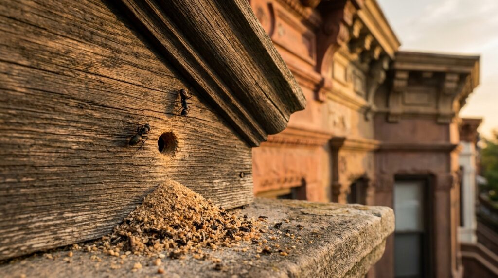 Close-up macro photograph of carpenter ant frass damage on a worn vintage Brooklyn brownstone window pediment at golden hour, showing a small round 1/8-inch exit hole with two large black carpenter ants visible on the weathered oak wood and a cone-shaped pile of frass material collected on the limestone windowsill below the hole.