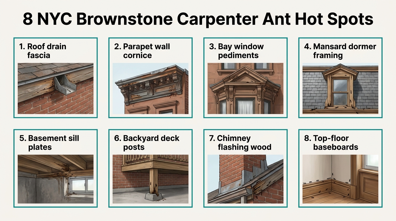 8-panel infographic showing top NYC brownstone carpenter ant inspection hot spots: roof drain fascia, parapet wall cornice, bay window pediments, mansard dormer framing, basement sill plates, backyard deck posts, chimney flashing wood, and top-floor baseboards.