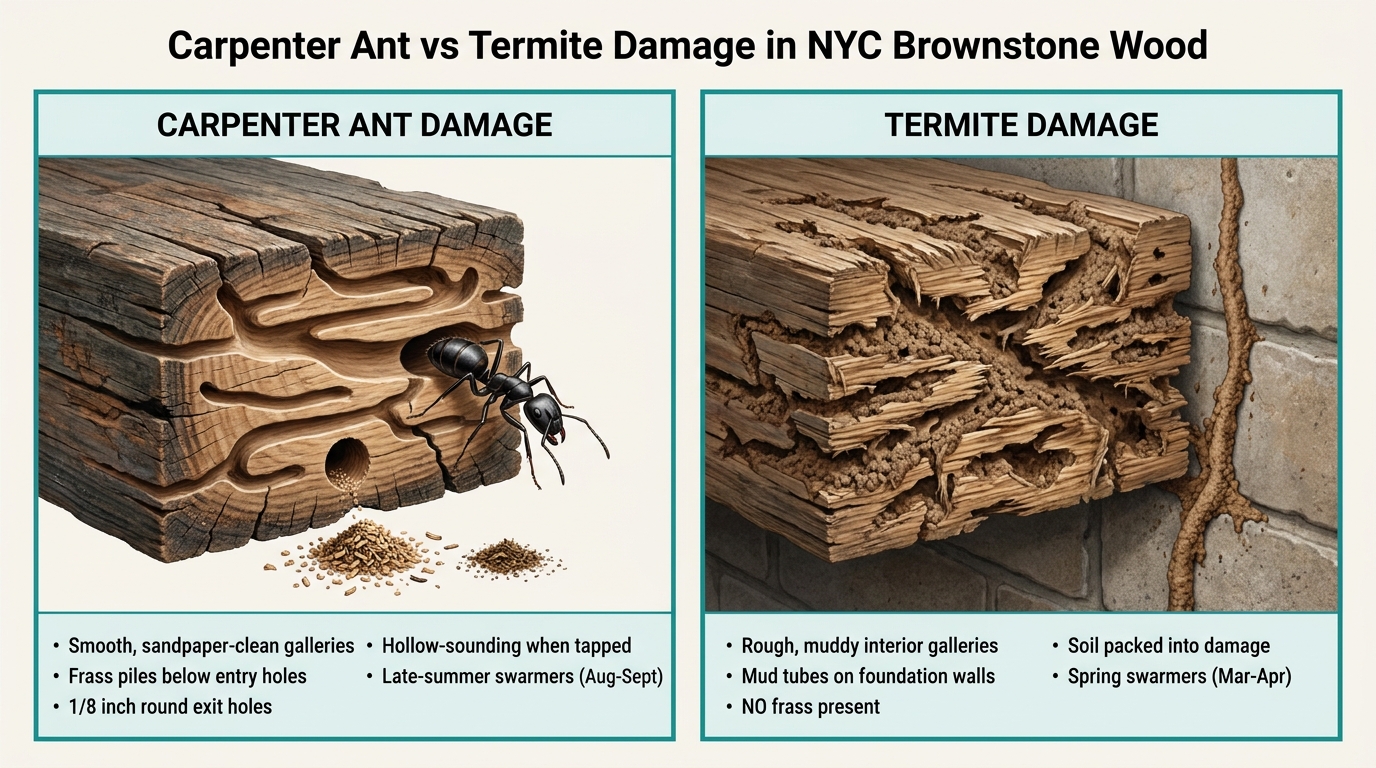 Side-by-side comparison of carpenter ant damage vs termite damage in NYC brownstone wood showing smooth galleries with frass vs rough muddy galleries with mud tubes.