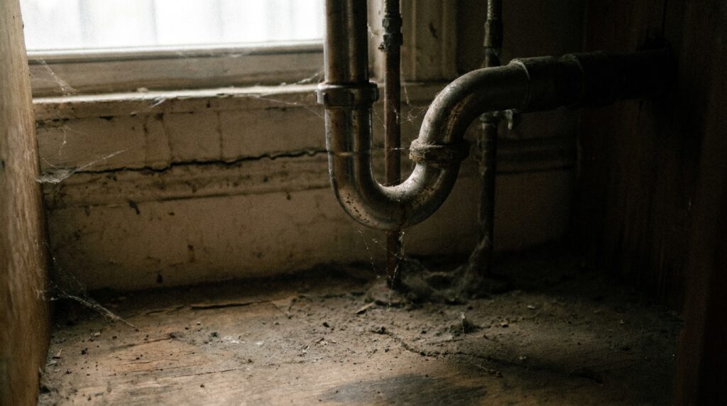 Dusty under-sink pipe crevice in an apartment where cockroaches hide egg cases
